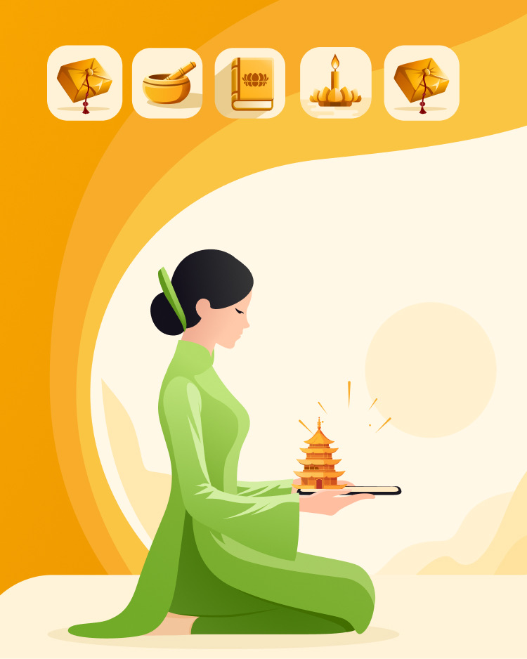Woman in an ao dai offering a golden pagoda